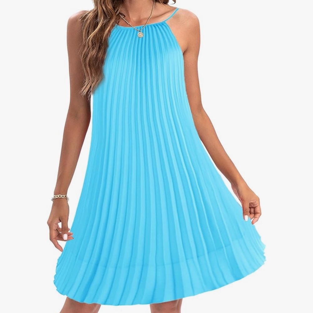 Turquoise pleated halter dress